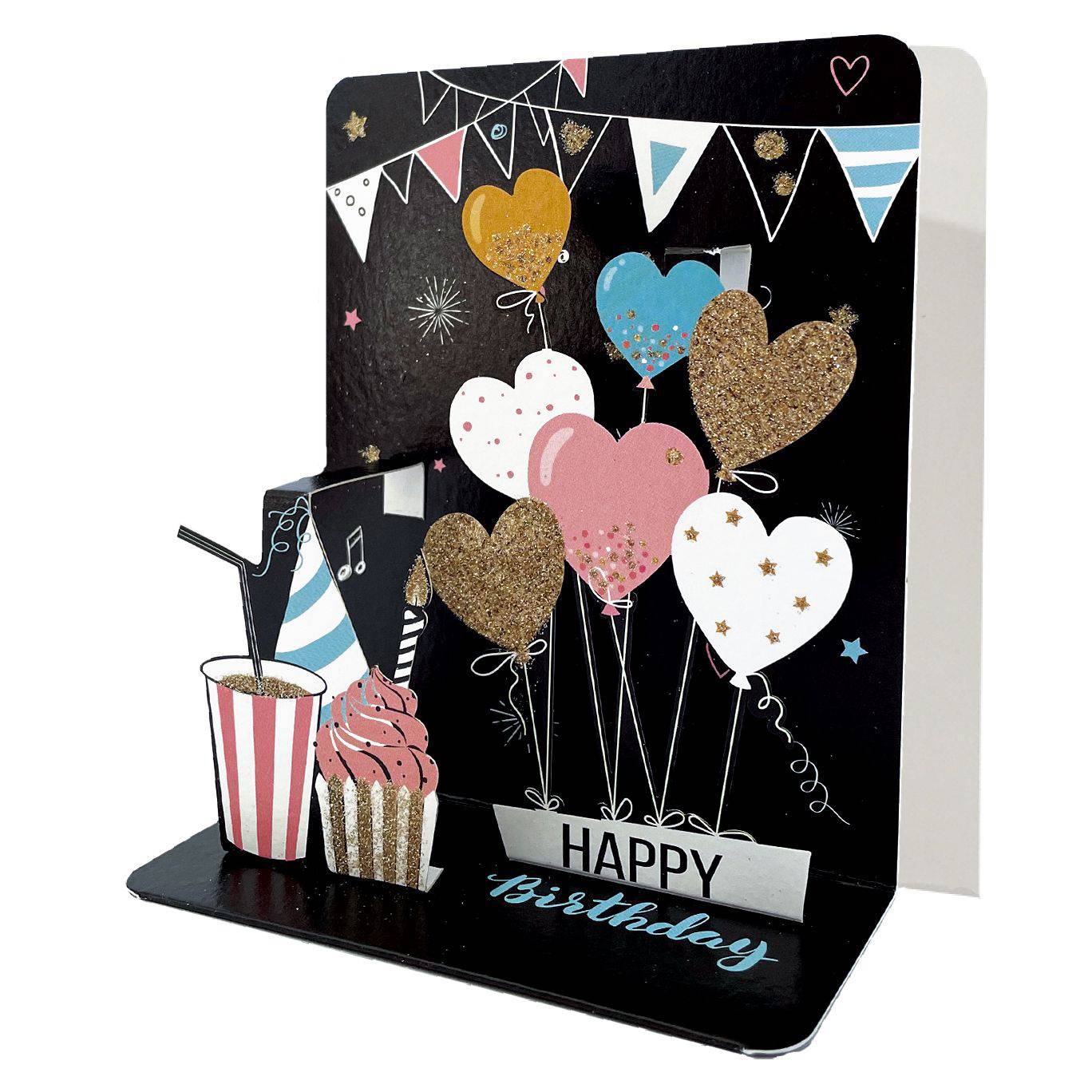 Small Heart Balloons pop-up card by Pictura featuring colorful heart-shaped balloons in a vibrant, festive design.
